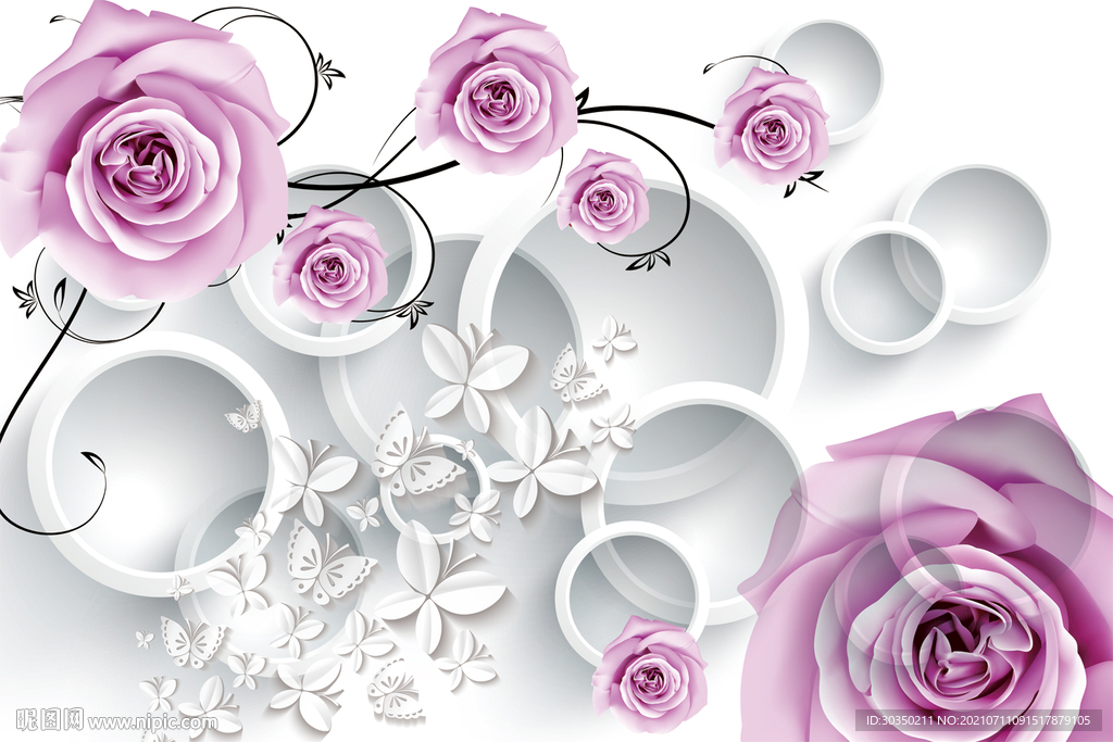 简约蝶恋玫瑰花电视背景墙