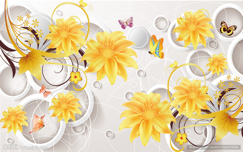 金色梦幻花朵电视背景墙