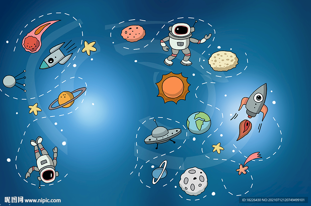 卡通太空人工装背景墙儿童房壁纸
