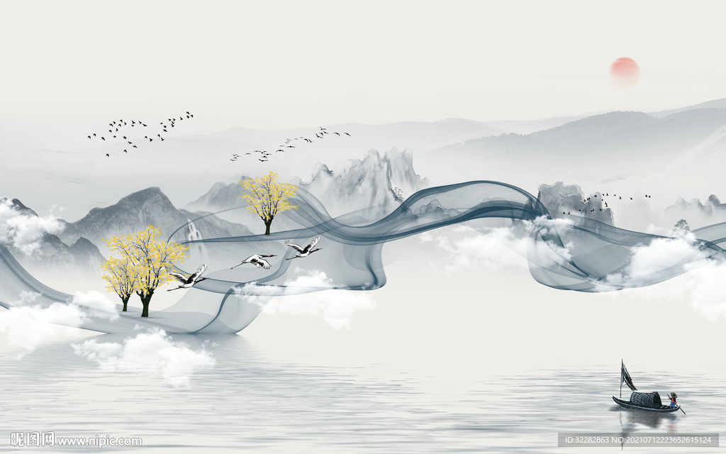 新款山水客厅背景 TIF分层