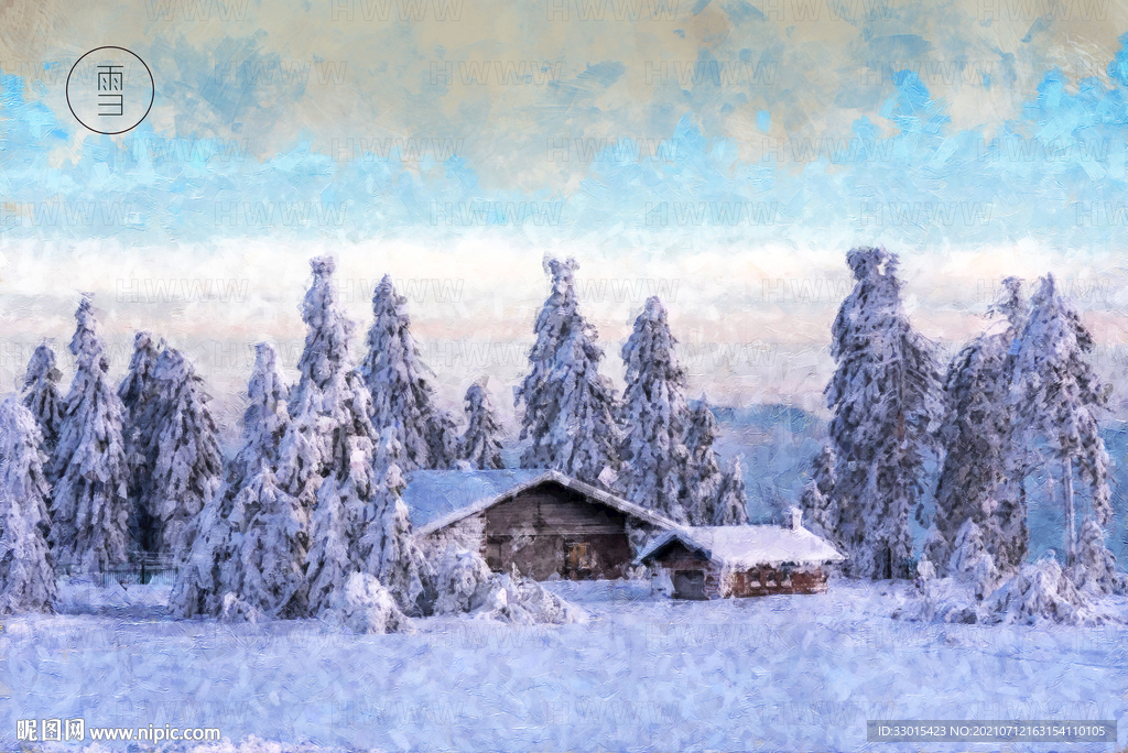 冬季雪景雪松房子手绘仿油画背景