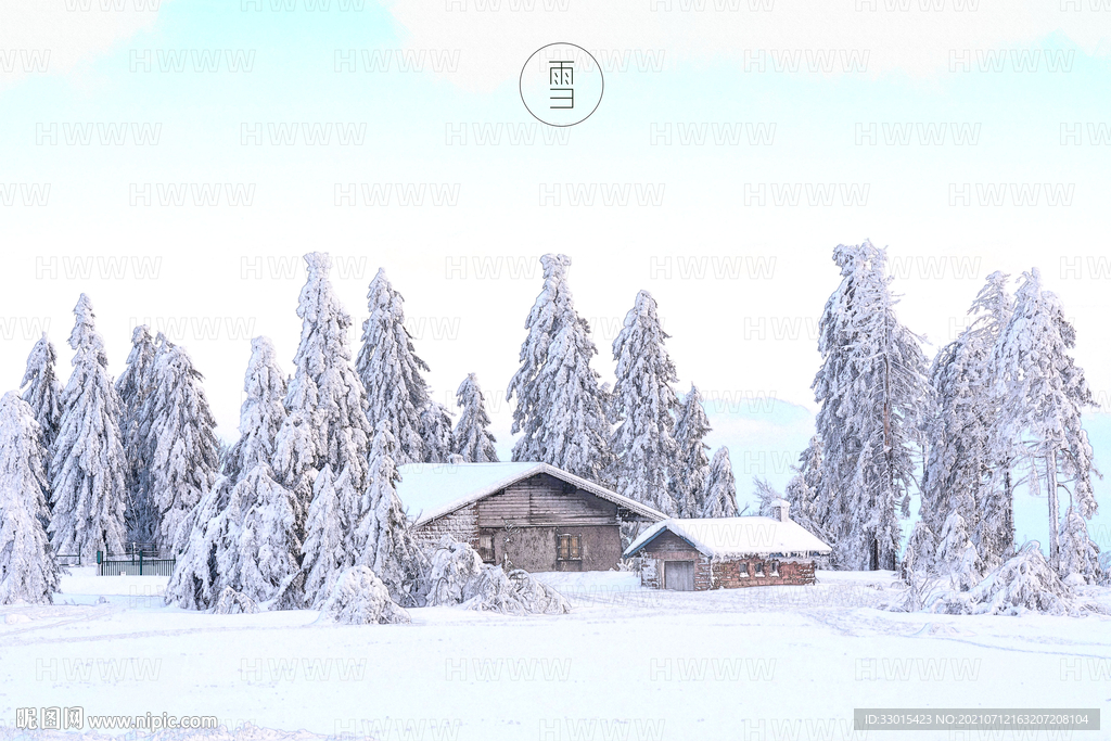 雪景雪松房子唯美手绘插画背景
