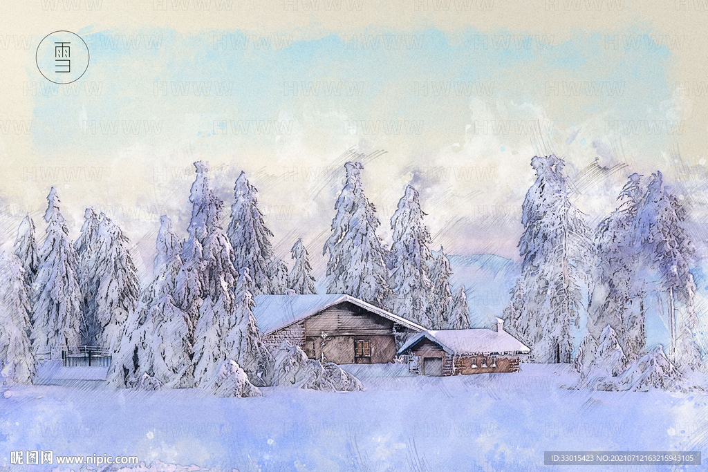 雪景雪松房子唯美手绘插画背景