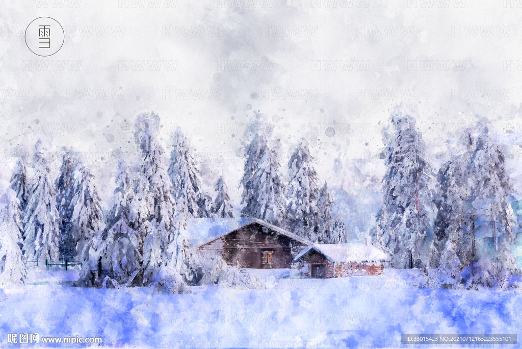 雪景雪松房子唯美手绘插画背景