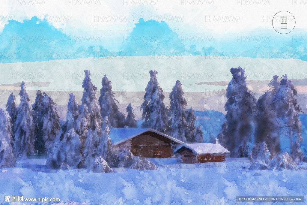 雪景雪松房子唯美手绘插画背景