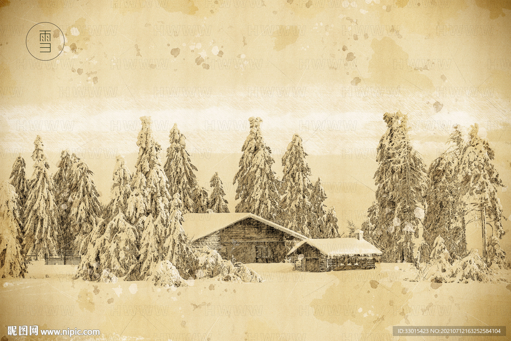 雪景雪松房子手绘素描插画背景