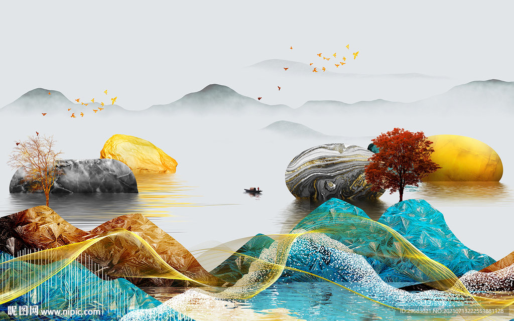 现代山水客厅墙画 tif文件