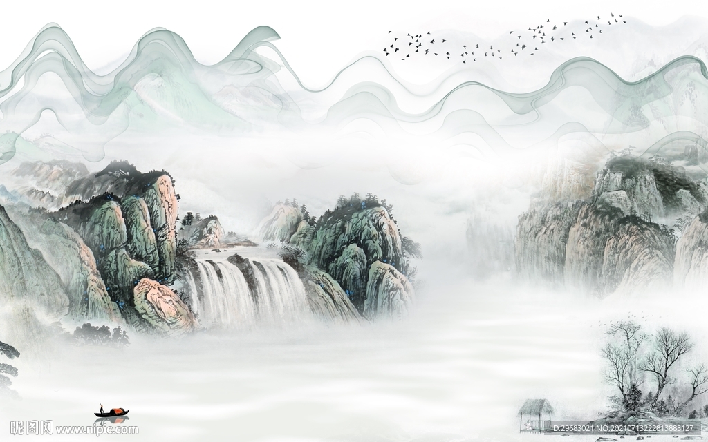 国画山水客厅墙画 tif文件