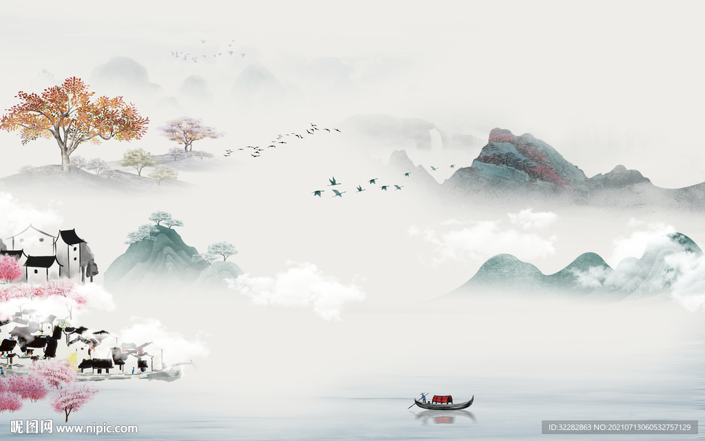 新中式山水客厅背景 TIF分层