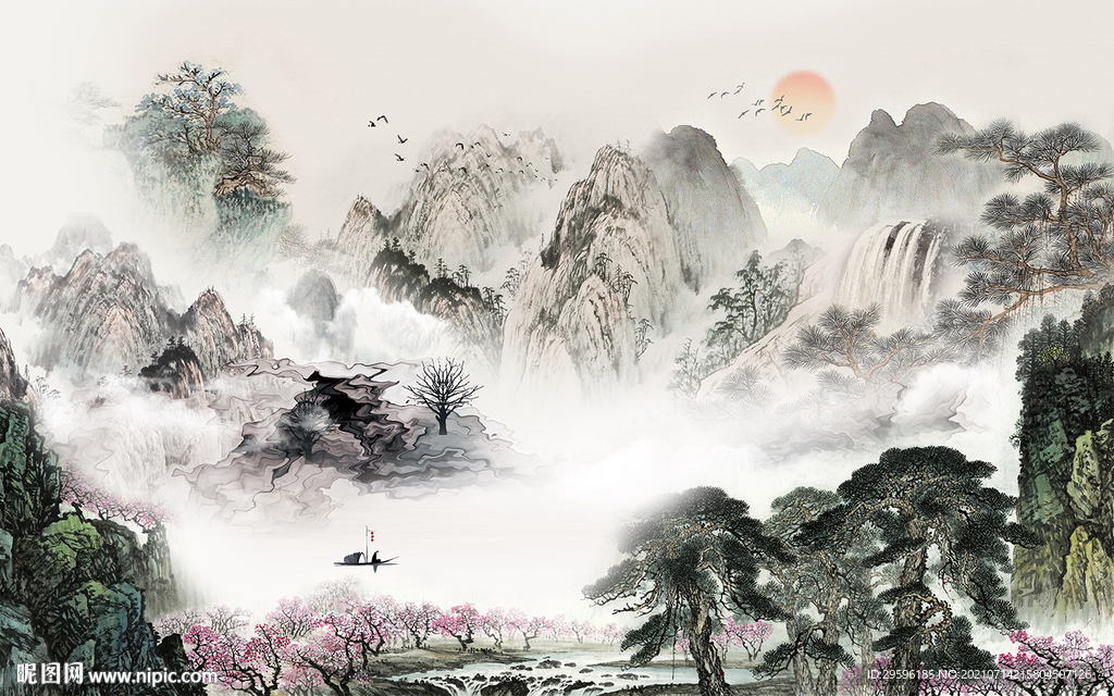 国画山水墙画 TIF文件分层