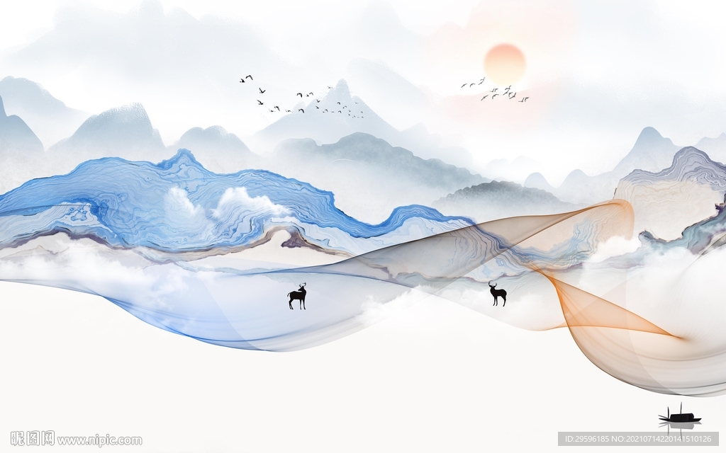 中式山水墙画 TIF文件分层