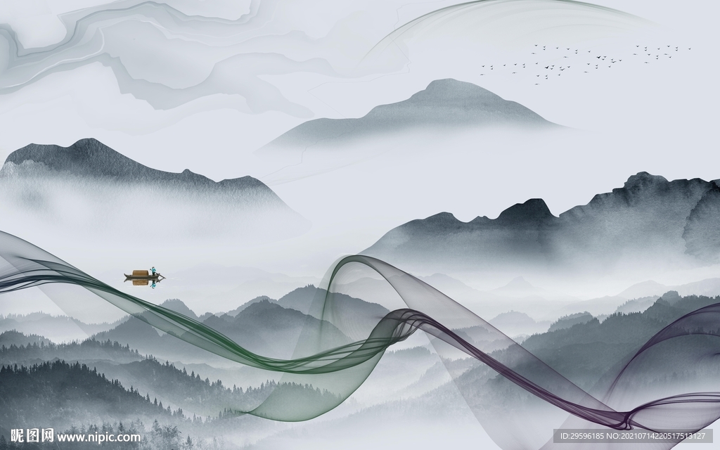 高清山水墙画 TIF文件分层