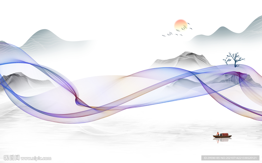 线条山水墙画 TIF文件分层