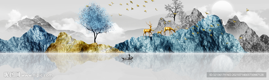 现代轻奢麋鹿山水装饰画