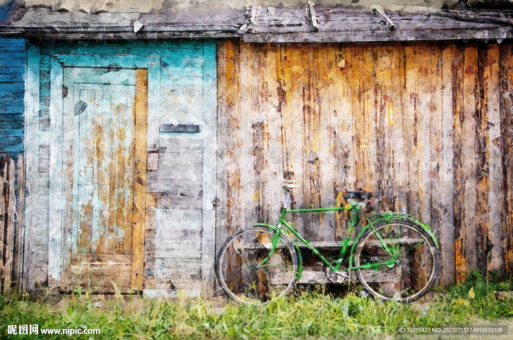 老房子木房子木屋自行车手绘插画