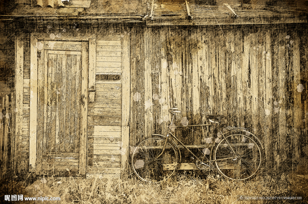 老房子木房子木屋自行车手绘插画