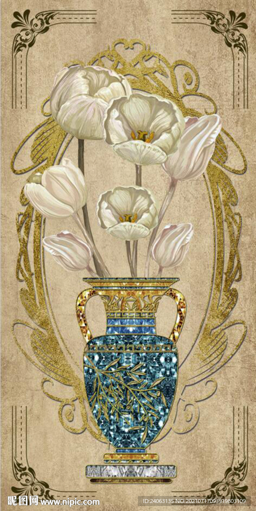 欧式抽象油画花瓶玄关背景墙