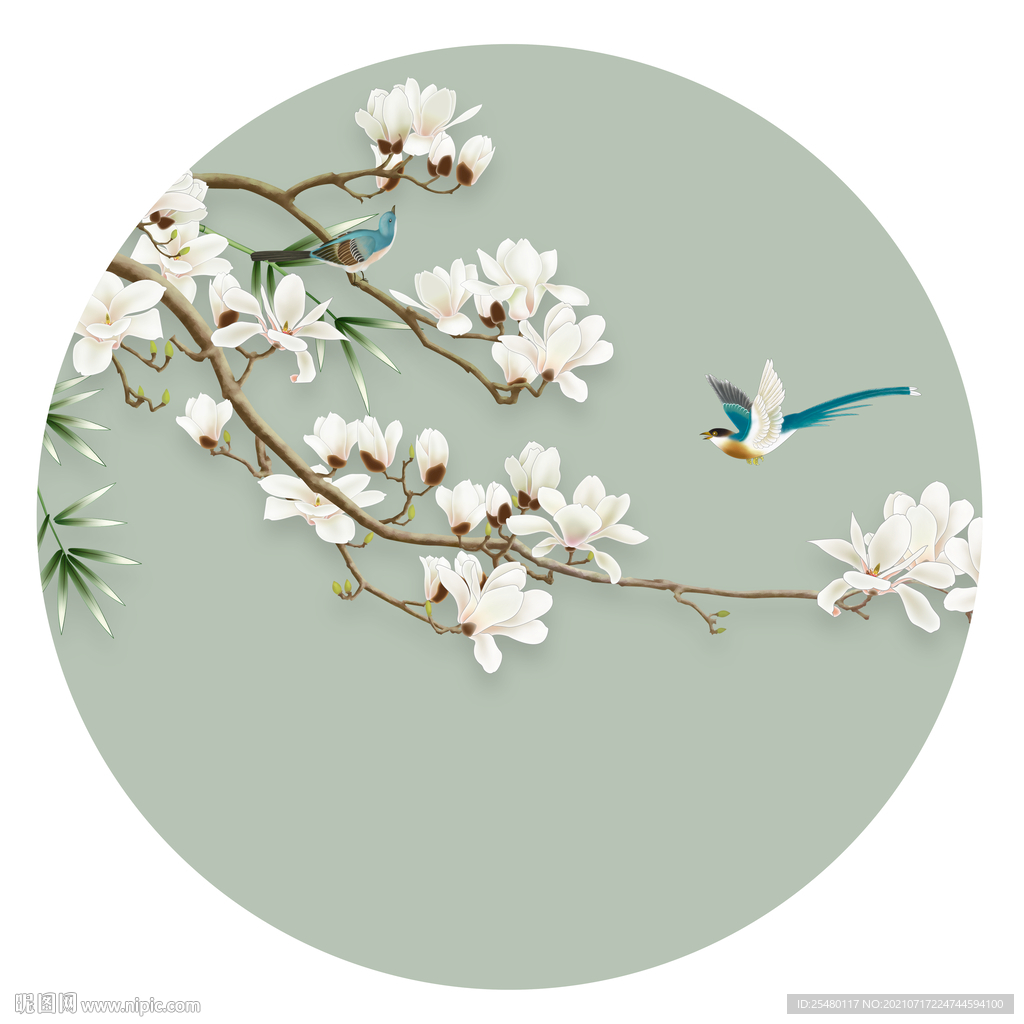 新中式玉兰花鸟无框画