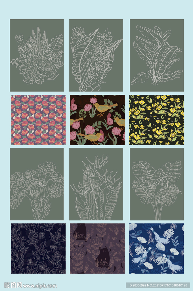 矢量线条手绘花草花纹