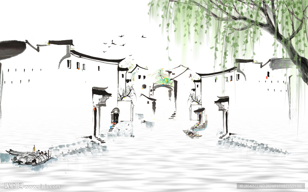 新中式水墨江南垂柳马头墙背景图