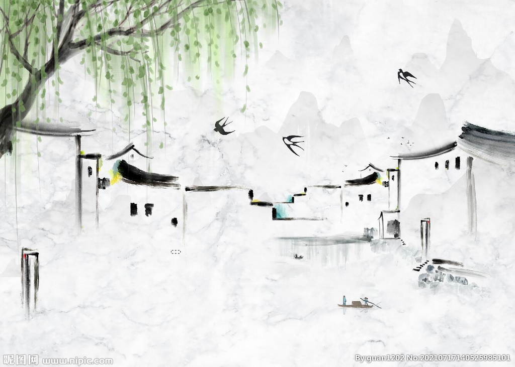 新中式水墨江南马头墙背景装饰画