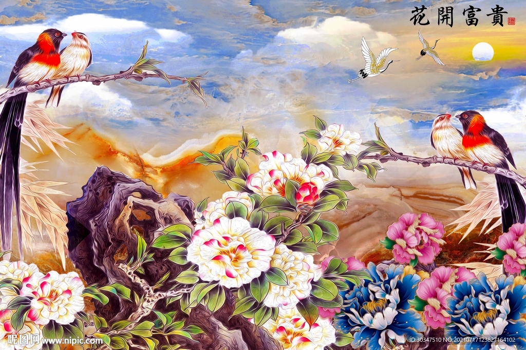 新式花开富贵花鸟背景墙