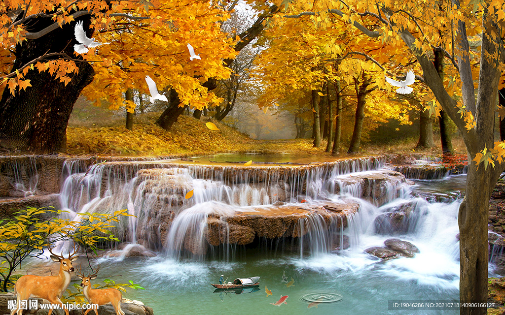 金秋枫树流水生财瀑布背景墙