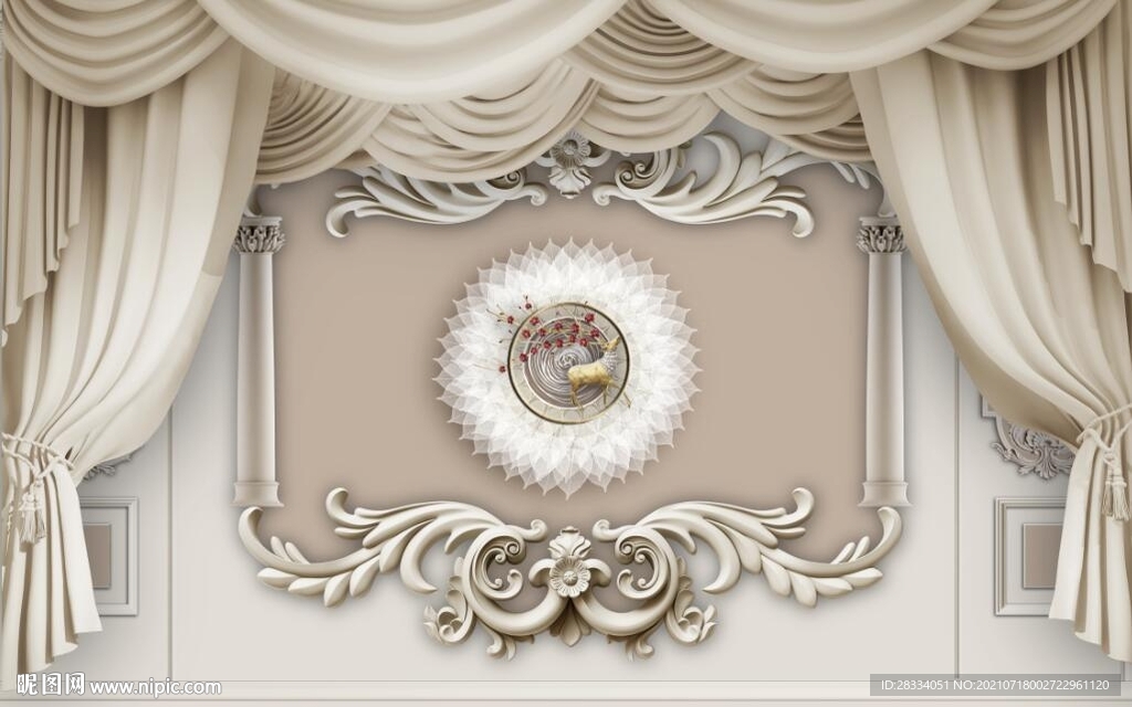 北欧浮雕石膏花纹窗帘电视背景墙