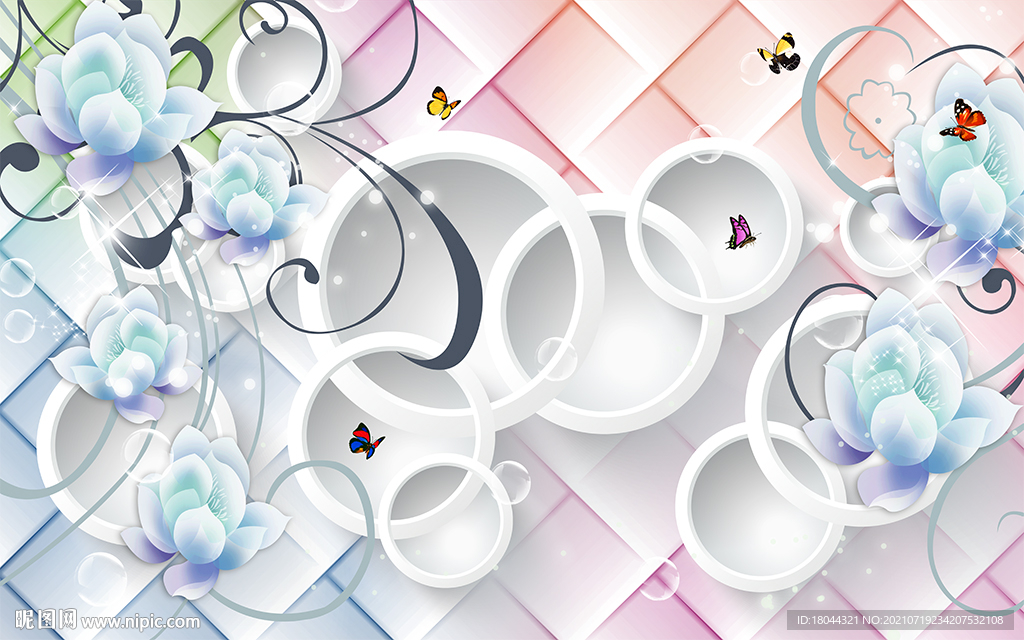 梦幻玉兰花纹圆圈软包电视背景墙