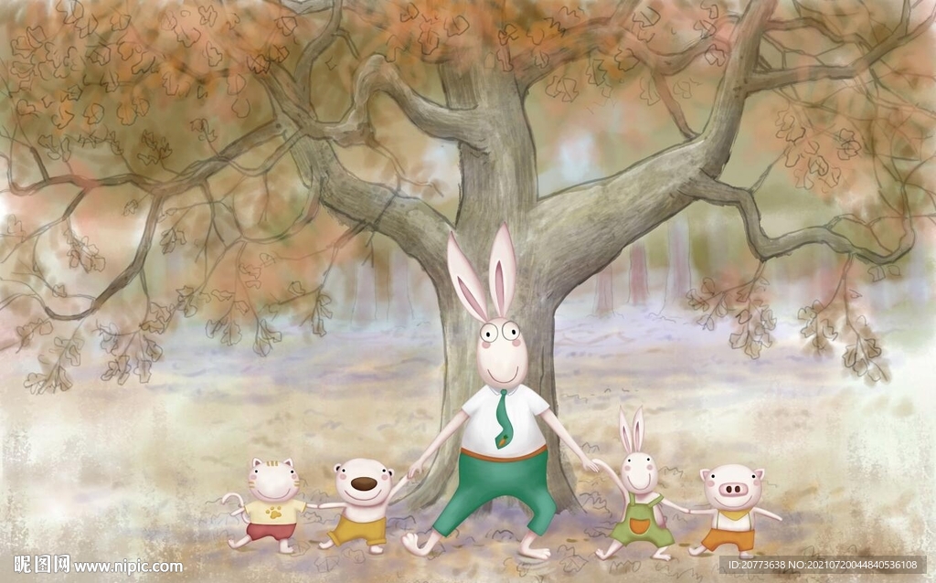 手绘卡通兔子和小猪