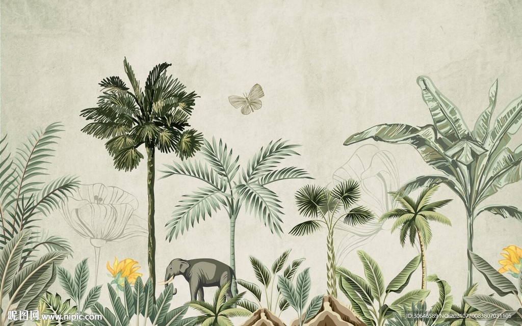 美式手绘热带雨林植物背景墙