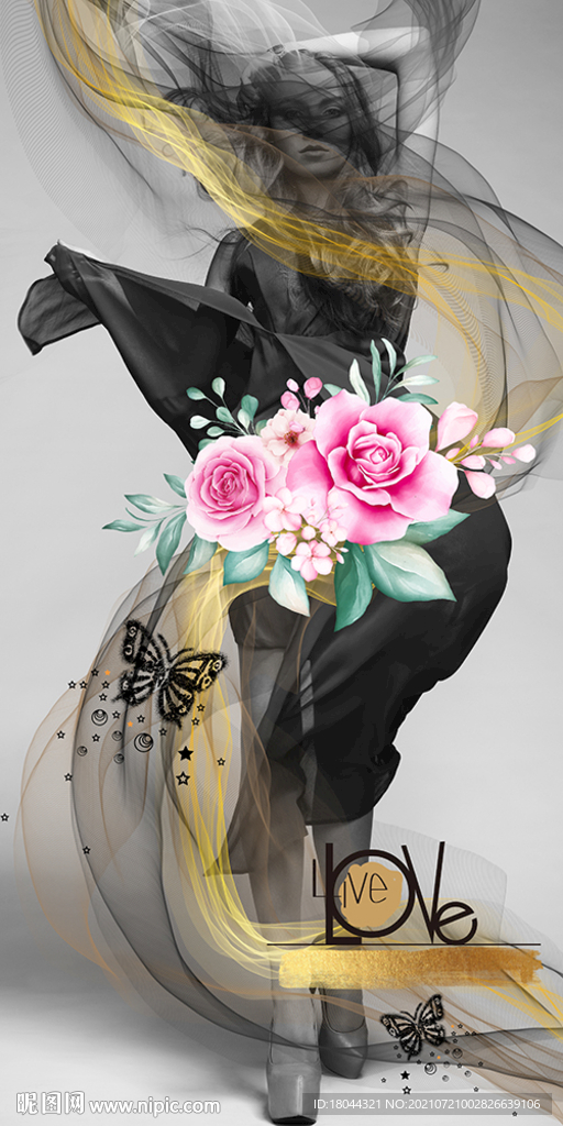 金色烟雾美女蝴蝶装饰画玄关