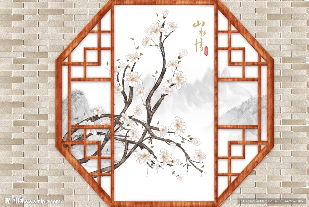 中式工笔花鸟背景墙壁画