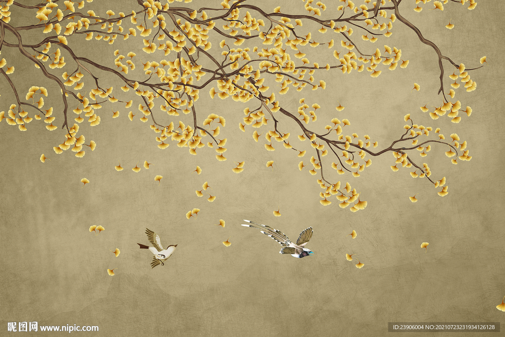 新中式银杏花鸟背景墙壁画