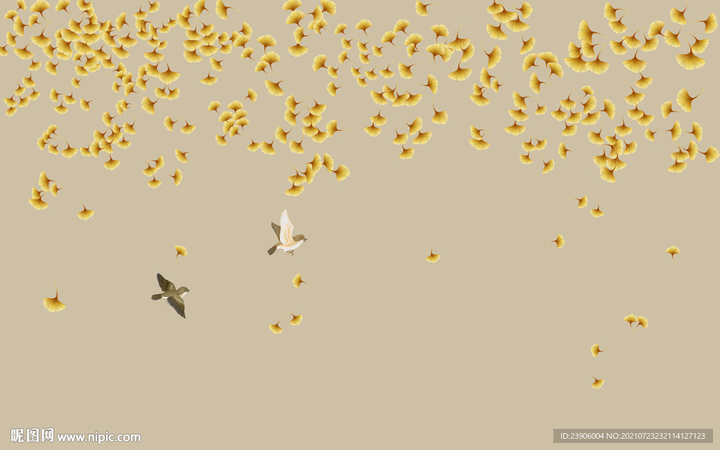 新中式银杏花鸟背景墙