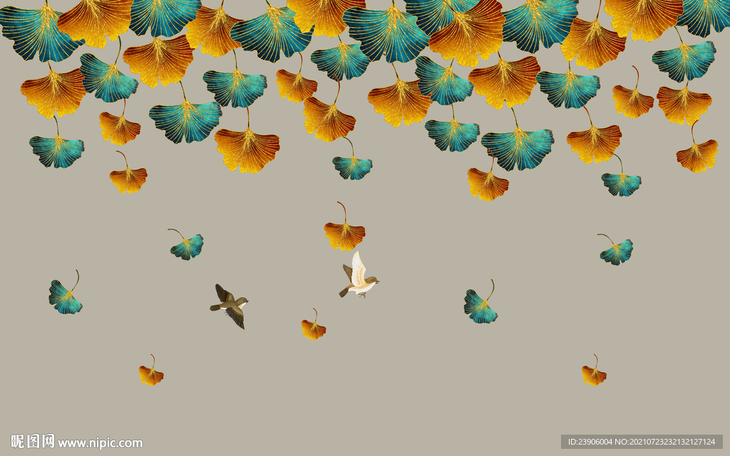 银杏叶花鸟背景墙