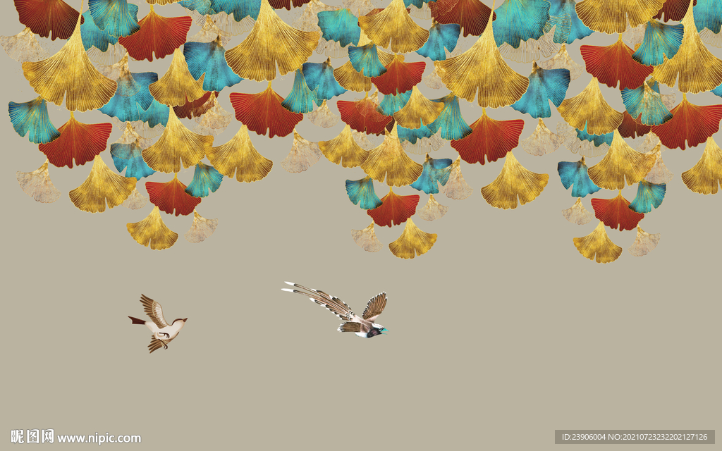 银杏叶花鸟背景墙