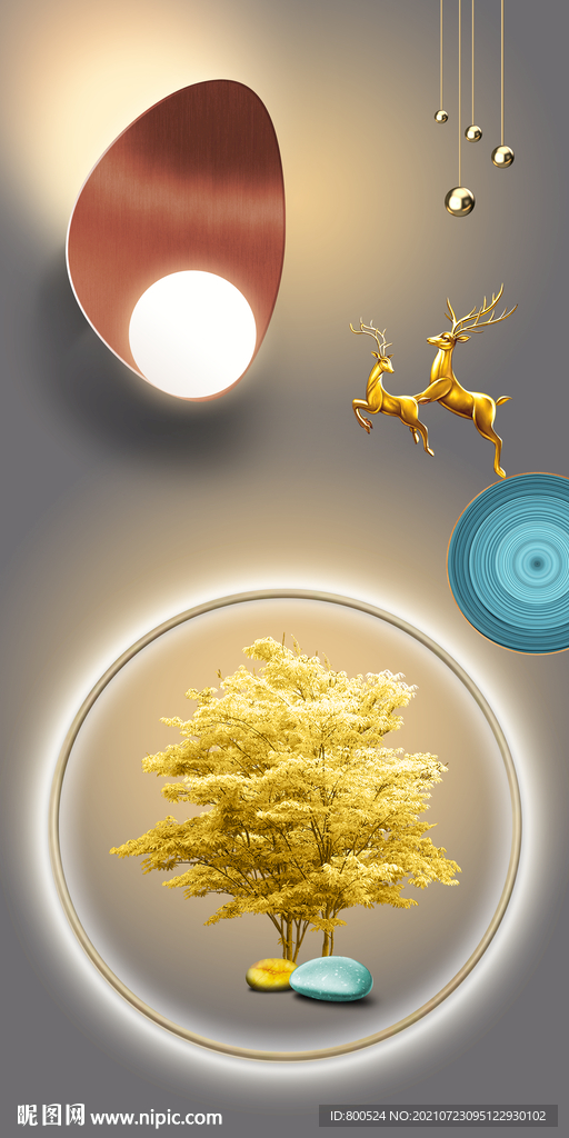 光影几何发财树一鹿高升玄关