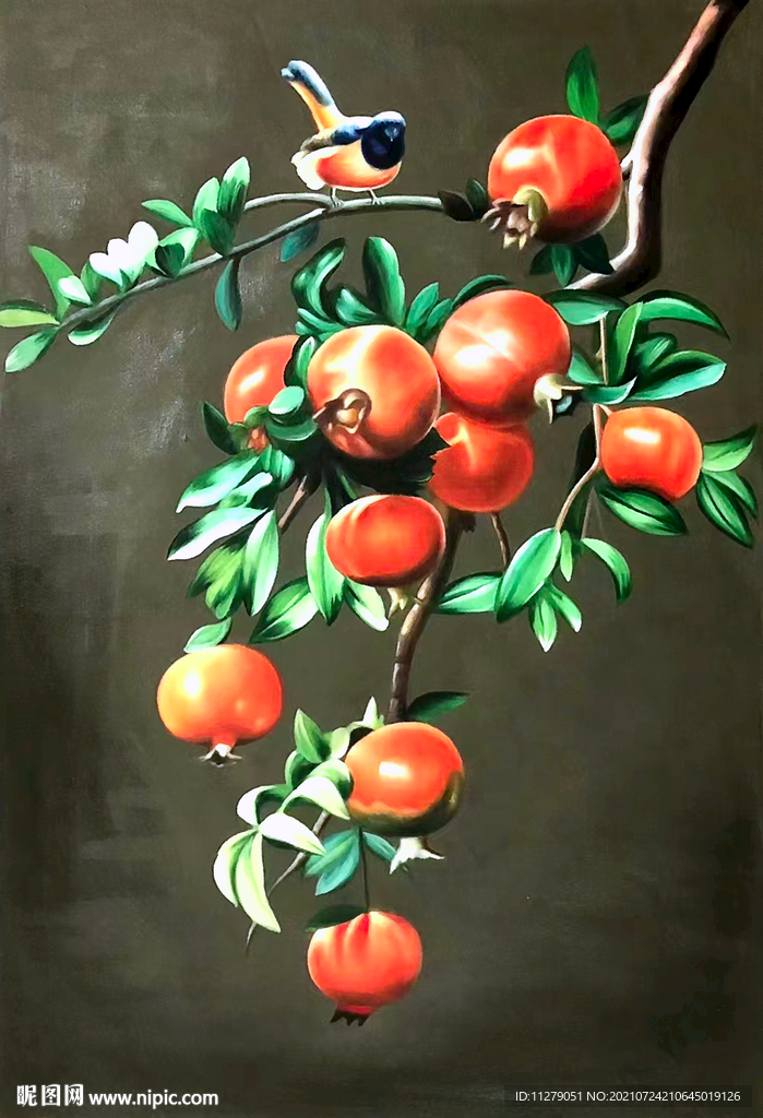 石榴花鸟画