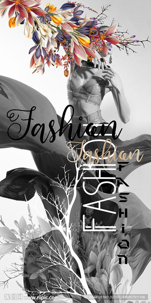 时尚美女花朵玄关装饰画