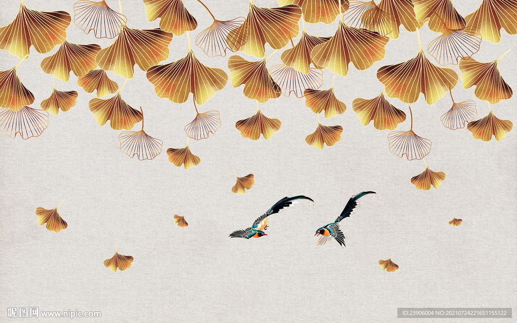 中式花鸟背景墙银杏壁画