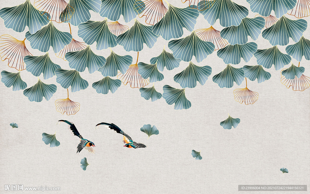 银杏叶花鸟背景墙