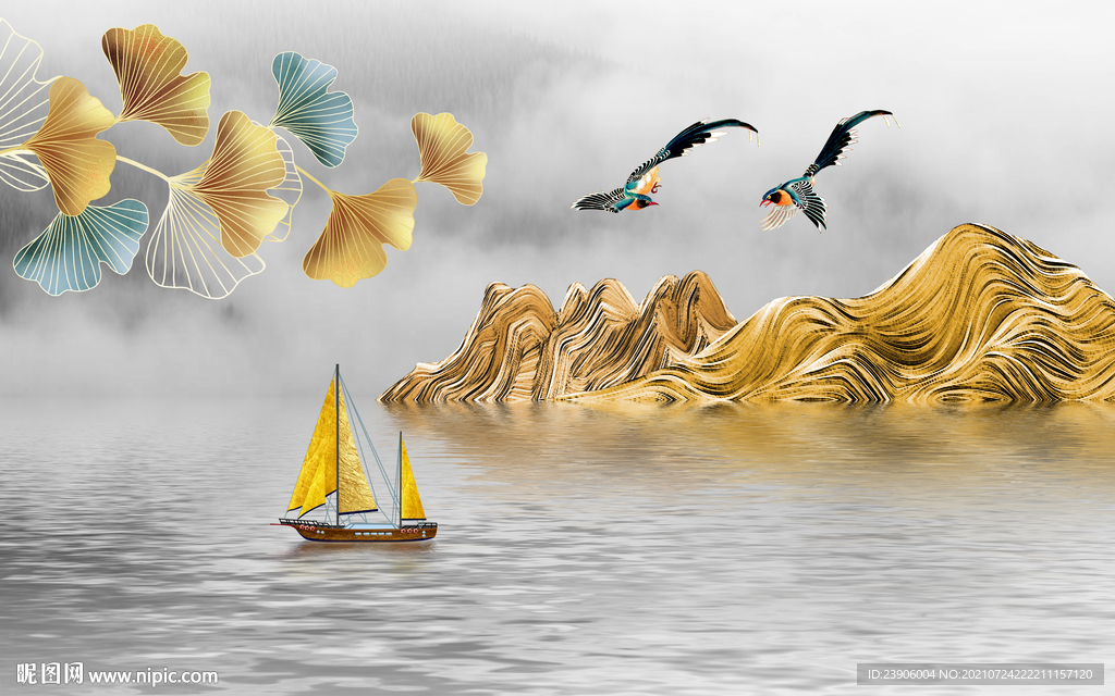 银杏花鸟水墨山水抽象烟雾背景墙