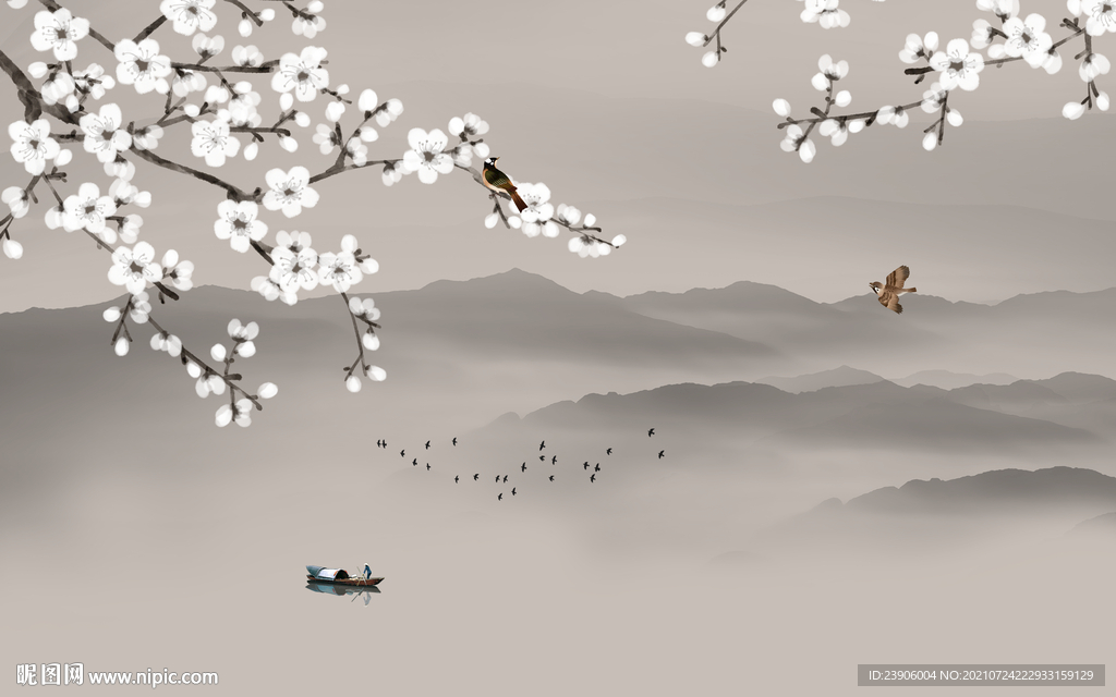 水墨梅花山水背景墙