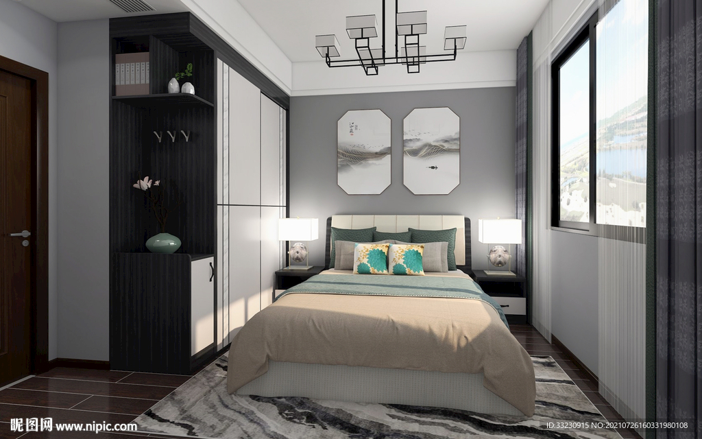 新中式卧房效果图