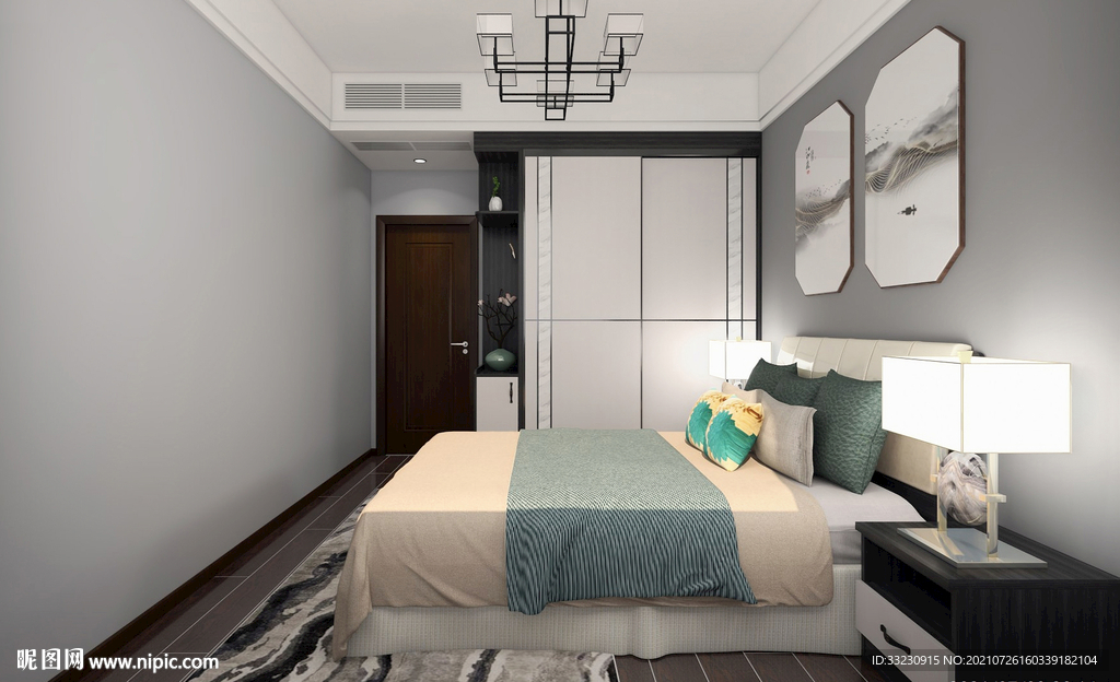 新中式卧房效果图