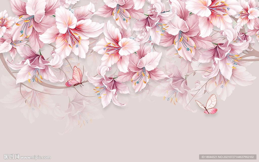 浪漫粉色花朵百合花电视背景墙