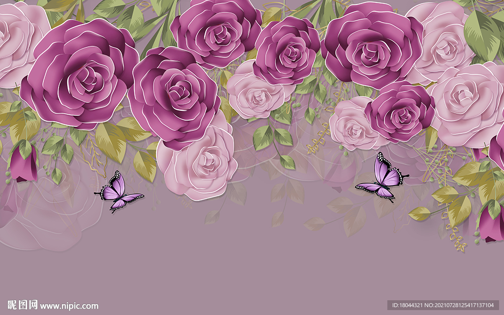 繁花蝴蝶紫色玫瑰花电视背景墙