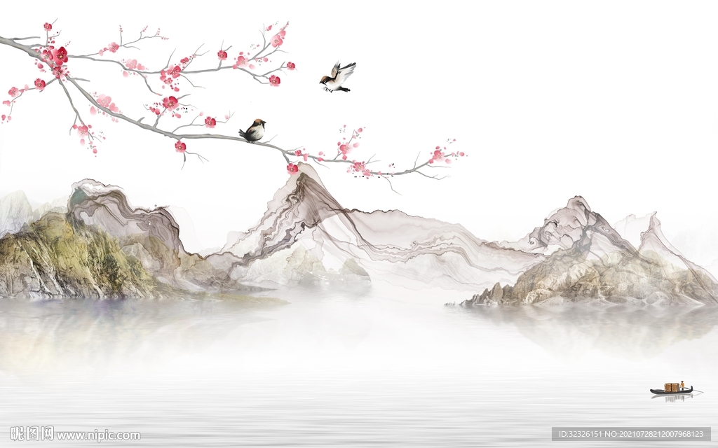 新中式客厅山水 tif分层画 