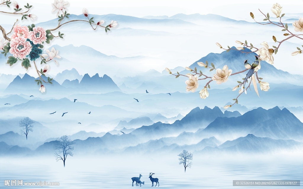 花鸟客厅山水 tif分层画 